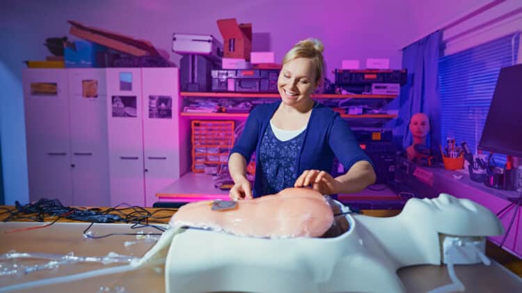 A smiling female researcher in a blue cardigan adjusts cables on a dummy torso on a desk in a lab with shelves and equipment in the background.