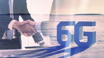 A 6G sign standing on Arctic sea ice, overlaid with a double exposure of two people shaking hands.