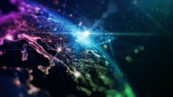 Satellite view of Europe at night with Italy at the centre, city lights overlaid with glowing network lines and streams of data, illustrating the AURORA-6G project