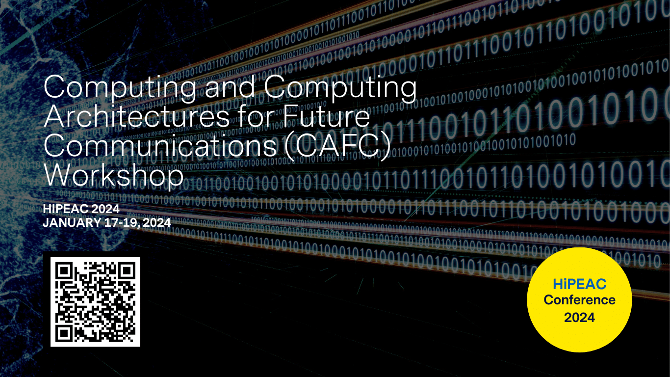 Banner for the CAFC Workshop at HiPEAC 2024 featuring binary code background with event details and QR code.