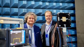 Michael Dieudonne and Marko E. Leinonen in an anechoic chamber with wireless testing equipment
