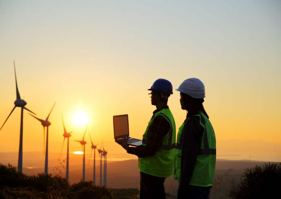 Engineers inspecting wind mills