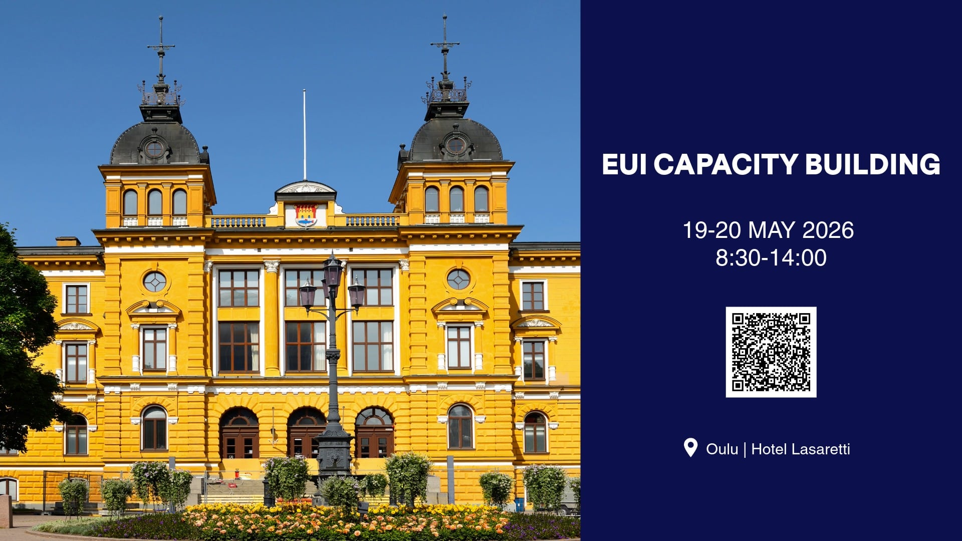 EUI Capacity Building Event banner showing Oulu City Hall, 19–20 May 2026 at Hotel Lasaretti
