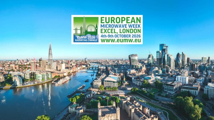 EuMW 2026 logo floating above an aerial view of London, UK.