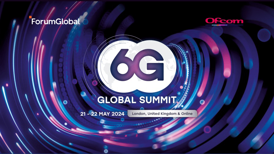 Official banner for the 6G Global Summit 2024, featuring vibrant digital wave graphics with ForumGlobal and Ofcom logos, London, May 21-22.