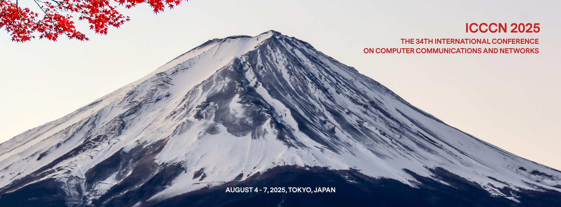 Snow-covered Mount Fuji with red maple leaves and ICCCN 2025 conference details