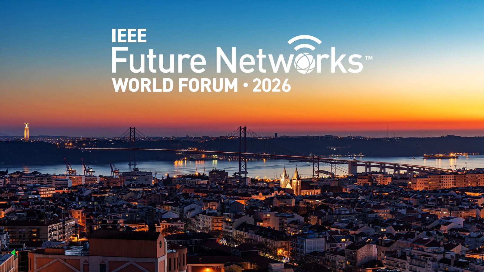 IEEE FNWF 2026 logo over an aerial view of the city of Lisbon, Portugal.