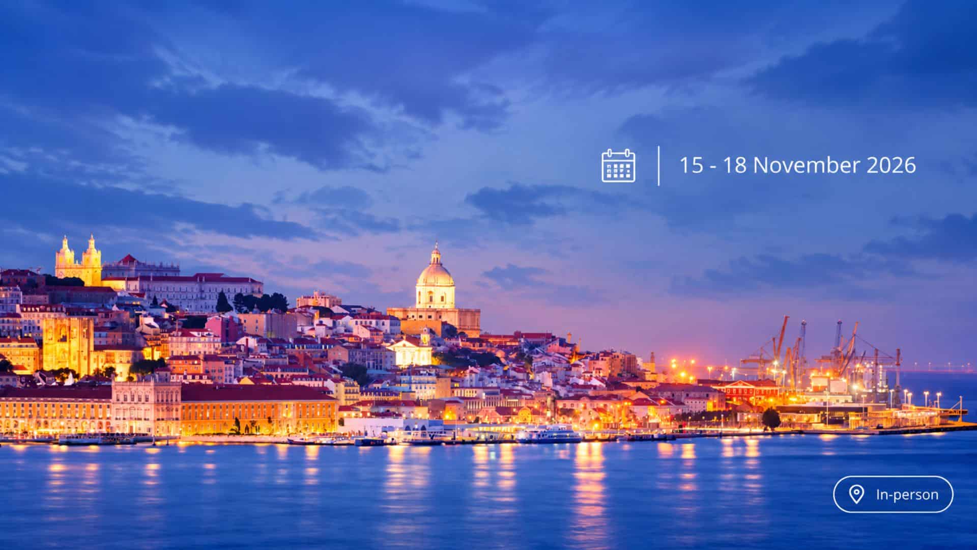Lisbon skyline at dusk, host city of IEEE ISAC 2026, 15-18 November 2026, in-person.