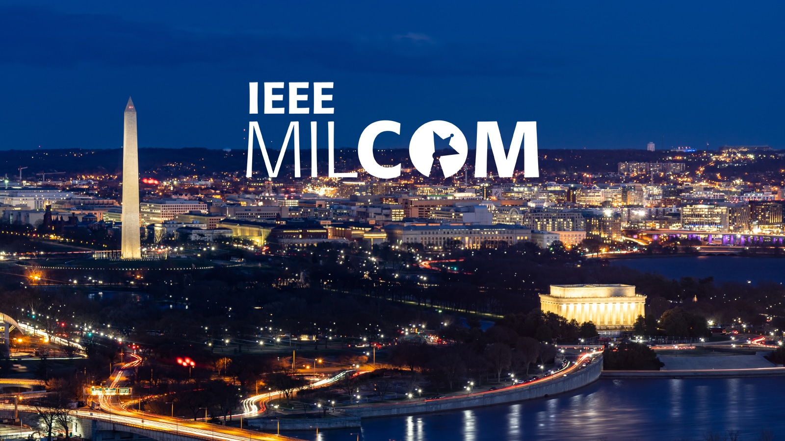 IEEE MILCOM logo ove an aerial photo of Washington DC, US.