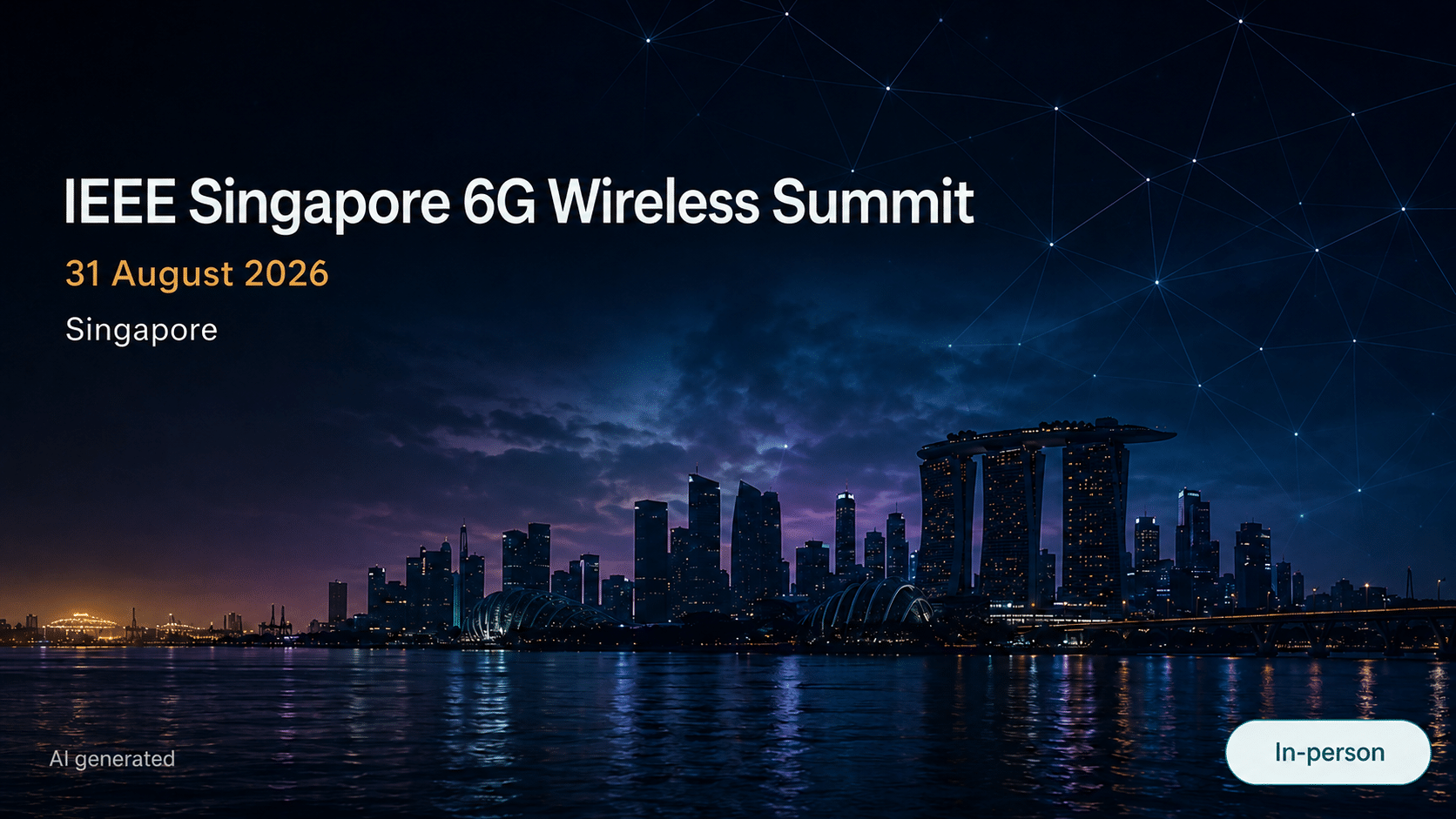 IEEE Singapore 6G Wireless Summit, 31 August 2026, Singapore. AI-generated night view of the Singapore skyline and harbour, overlaid with a subtle wireless network pattern. In-person event.