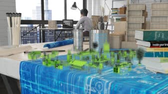 Industrial designer working on a digital blueprint with a 3D holographic city model.