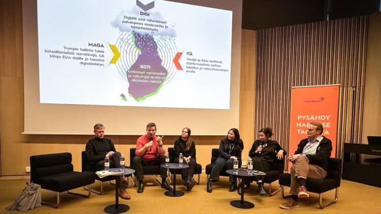 Professor Kimmo Halunen of 6G Flagship speaking at the Faktabaari information resilience panel in Oulu, alongside experts from WithSecure and the City of Oulu.