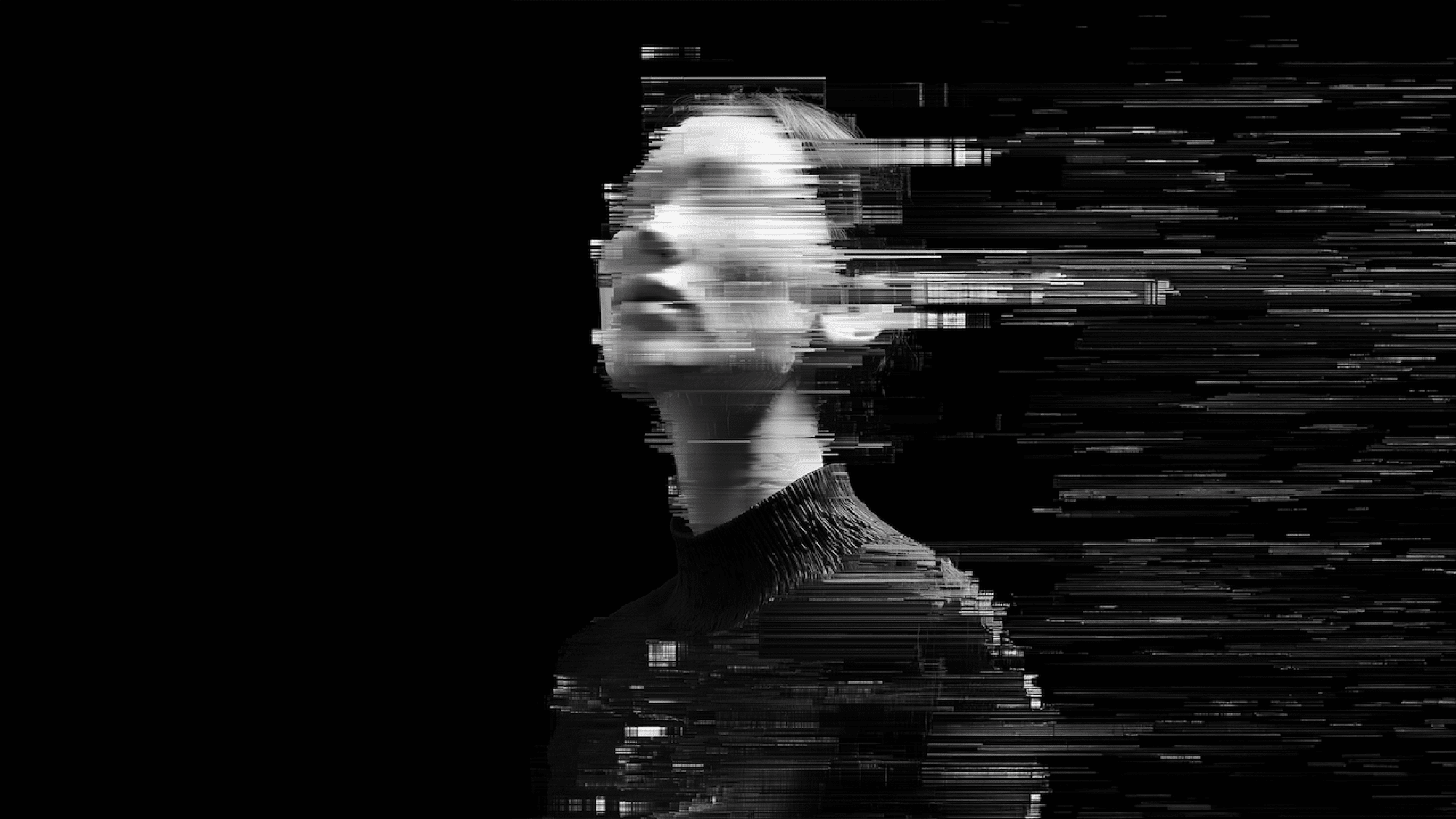 Black-and-white glitch-effect portrait of a person dissolving into horizontal data streams, symbolising uncertainty around artificial intelligence