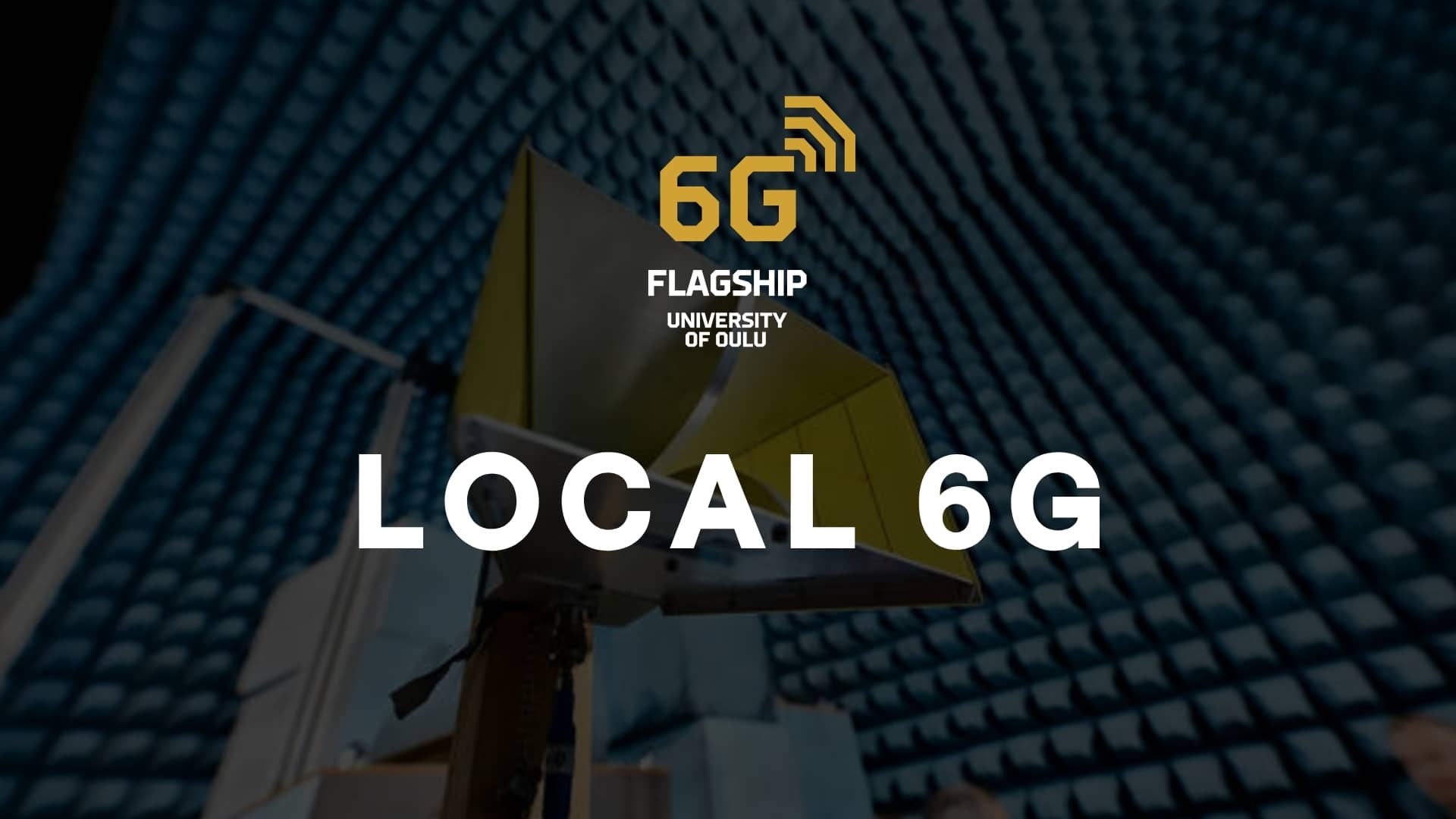 A horn antenna mounted on a tripod inside an anechoic chamber lined with blue radio absorbing foam, with the 6G Flagship logo and the words Local 6G overlaid. Shorter variant if the field is tight Horn antenna in an anechoic chamber, overlaid with the 6G Flagship logo and the words Local 6G.