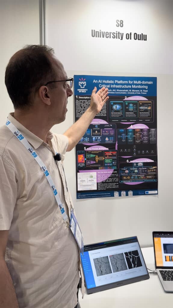 Mehdi Monemi presenting the University of Oulu digital twins demo for infrastructure monitoring at EuCNC & 6G Summit 2026