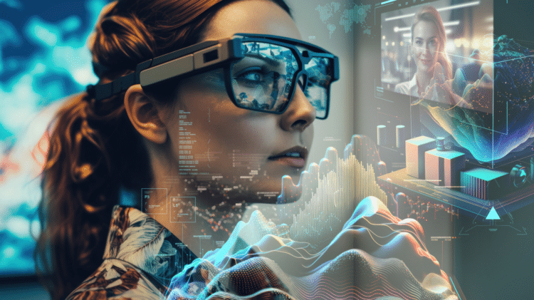 A woman wearing augmented reality glasses is surrounded by holographic displays of data, graphs, and a virtual human interface, illustrating an advanced, interactive, and data-rich environment for analytics and communication.