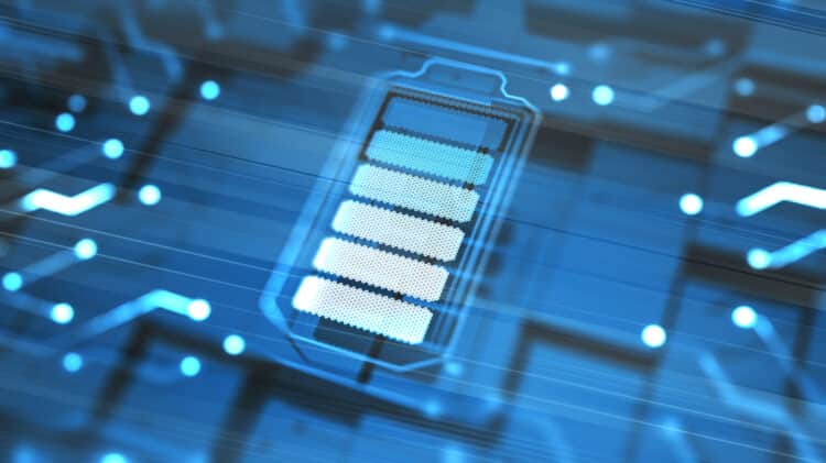Digital illustration of a fully charged battery icon over a blue circuit board background.
