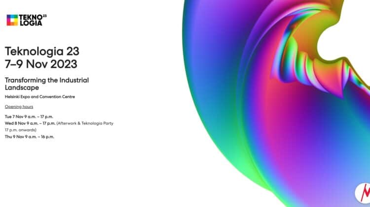 Promotional graphic for 'Teknologia 23' event held from 7-9 November 2023 at Helsinki Expo and Convention Centre, showcasing a vibrant multi-coloured abstract wave design.