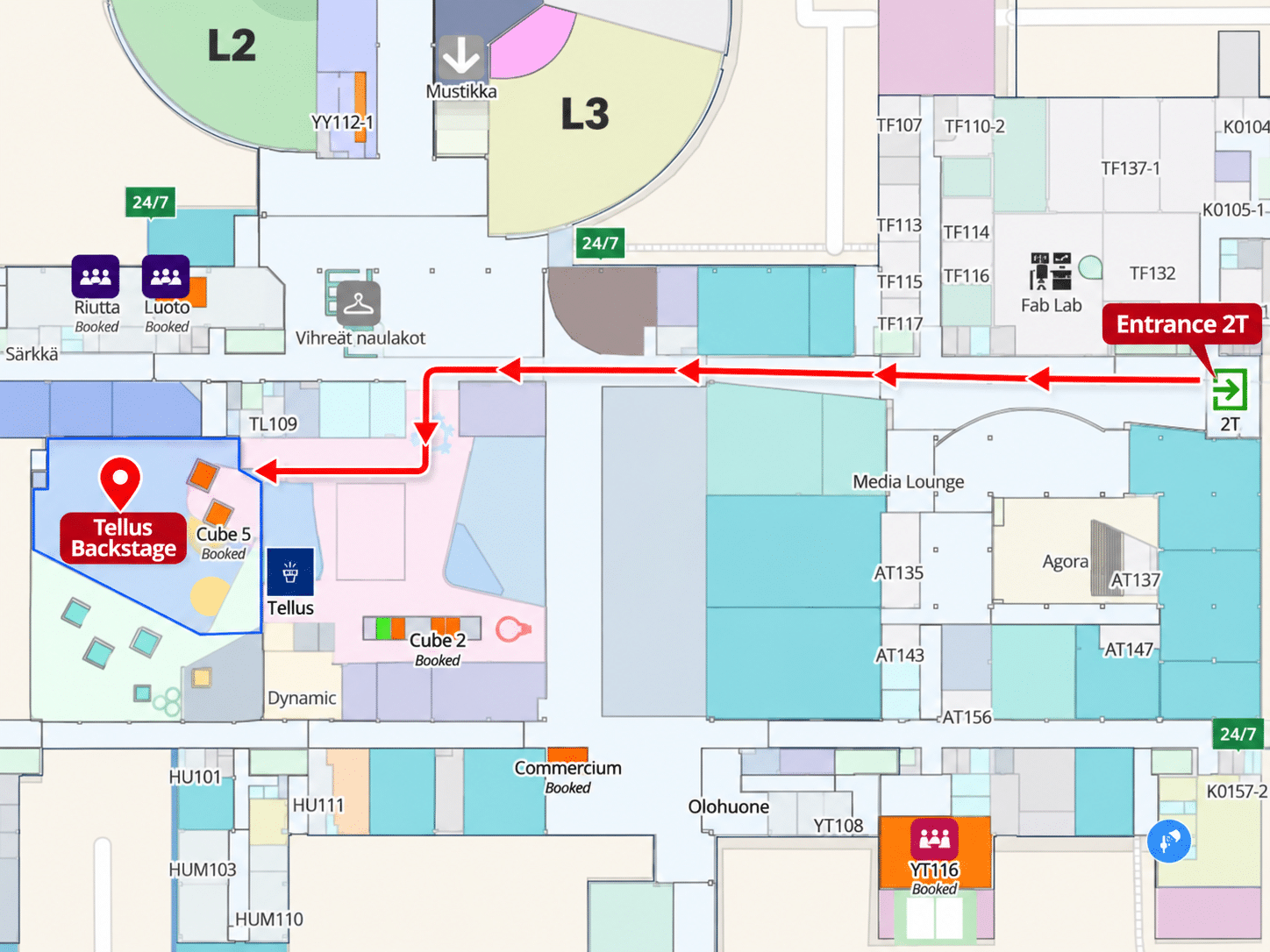 Campus map showing the route from Entrance 2T to Tellus Backstage