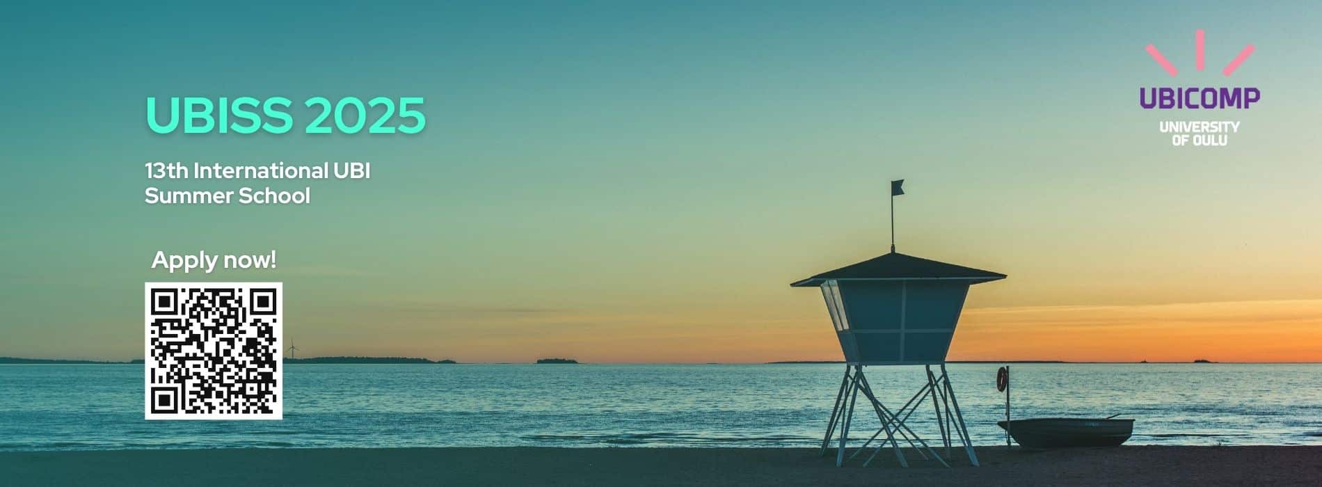 A scenic beach view at sunset with a lifeguard tower and a boat, promoting UBISS 2025 – the 13th International UBI Summer School in Oulu, Finland. Includes a QR code for applications.