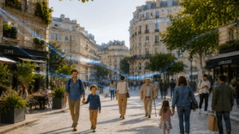 People walking through a city street illustrating 6G radio propagation, FR3 networks and intelligent wireless environments