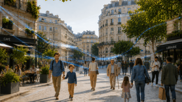 People walking through a city street illustrating 6G radio propagation, FR3 networks and intelligent wireless environments